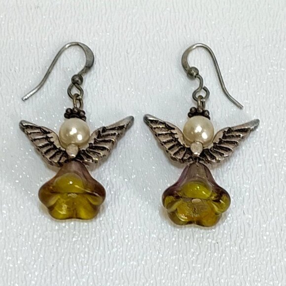 Angel Wing Earring Handcrafted Yellow Glass Flower Bead Faux Pearls Silver Hooks - Picture 1 of 4